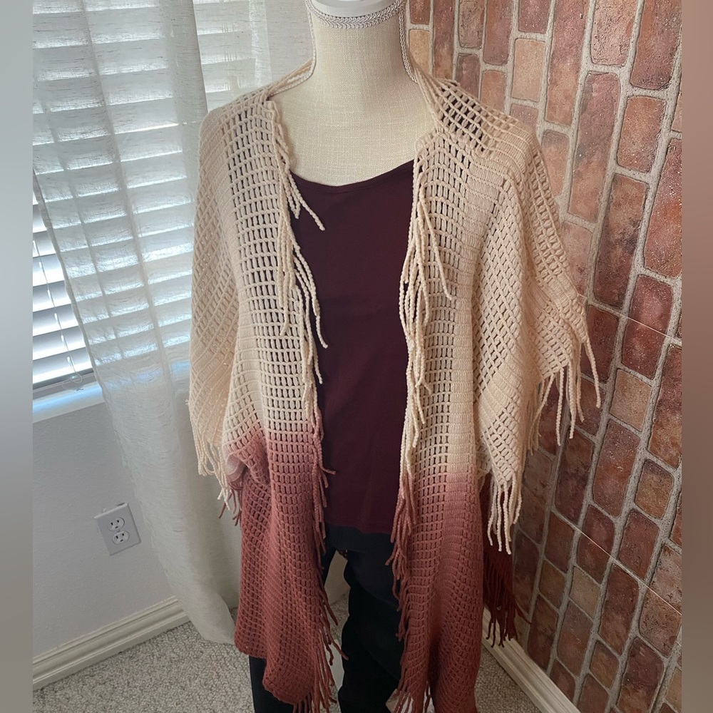 Boho Fringe Ombre Open Front Kimono OS Pink Berry Color